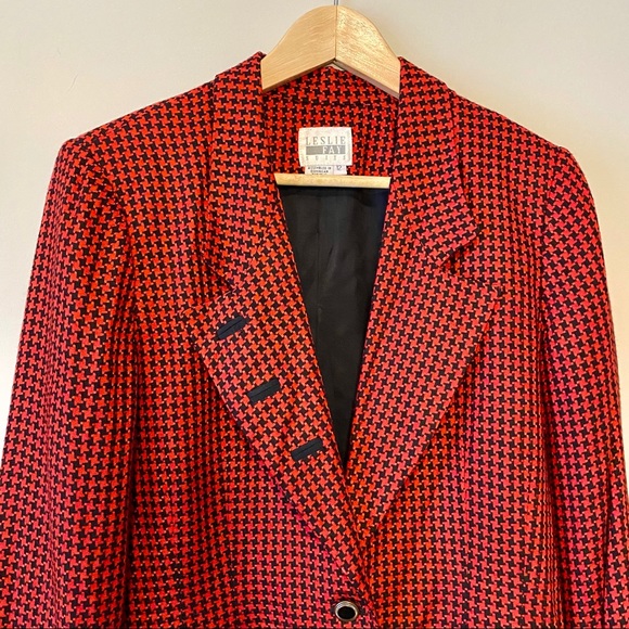 Vintage red houndstooth blazer, boyfriend blazer, plaid blazer - Picture 3 of 7